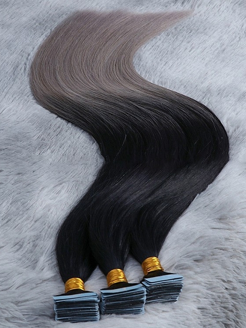 Jet Black With Gray Ombre Silky Straight Tape In Hair Extensions